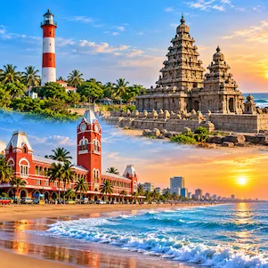 Chennai Tamil Nadu city with Marina Beach, Bay of Bengal coastline and iconic urban landmarks