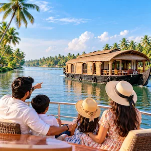 Kerala houseboat cruise through scenic backwaters with coconut trees and beautiful waterways.