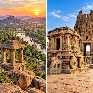 Hampi is a famous historical and UNESCO World Heritage destination in Karnataka, known for its magnificent ruins, ancient temples, massive stone monuments, and fascinating Vijayanagara Empire heritage. Surrounded by rocky landscapes and the Tungabhadra River, Hampi is an excellent destination for history lovers, architecture enthusiasts, photographers, and cultural travelers.