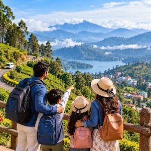 “South India hill station tour with misty mountains, lush green tea plantations, waterfalls and scenic