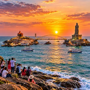 Kanyakumari Tamil Nadu coastline with Vivekananda Rock Memorial, Indian Ocean and scenic sunset