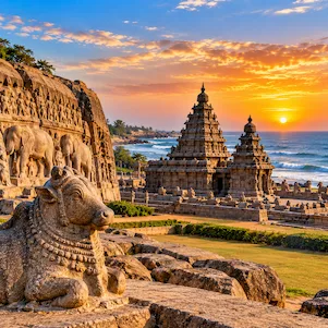 Mahabalipuram Tamil Nadu Shore Temple with ancient Pallava architecture overlooking the Bay of Bengal