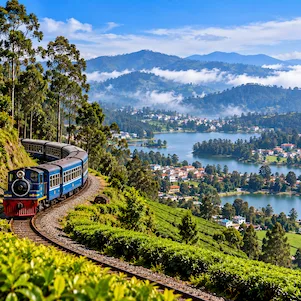 Ooty Tamil Nadu hill station with lush tea plantations, misty Nilgiri mountains and scenic natural