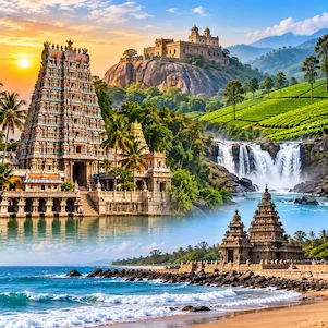 Tamil Nadu tourism destinations featuring ancient temples, hill stations, beaches and scenic landscapes