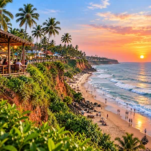 Varkala is a beautiful coastal destination in Kerala, famous for its dramatic red laterite cliffs overlooking the Arabian Sea, golden beaches, and peaceful atmosphere.